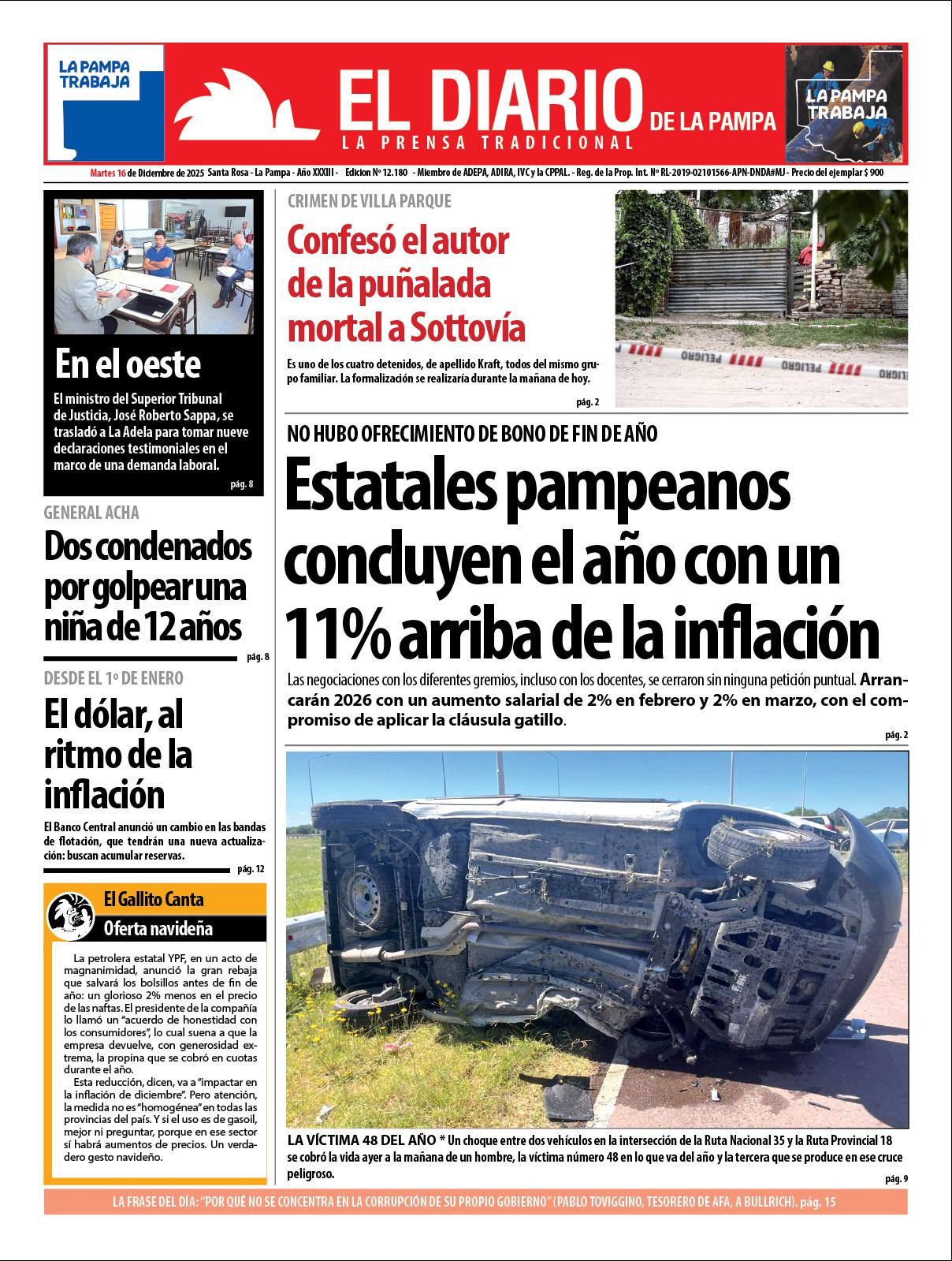 Tapa de El Diario en papel  martes 16 de diciembre de 2025